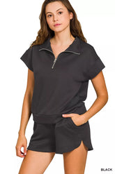 Scuba High Neck Half Zip Top and Dolphin Shorts Set ZENANA